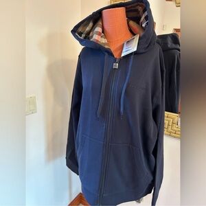 Men’s Burberry classic check embroidery cotton, zip front hoodie. Size large.